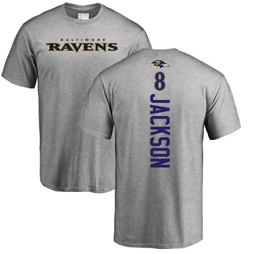 Men Baltimore Ravens Ash Lamar Jackson Backer NFL Football #8 T Shirt->baltimore ravens->NFL Jersey